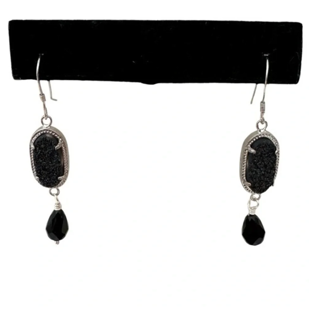 925 Sterling Silver Black Druzy Gemstone and Crystal Drop Earrings NEW